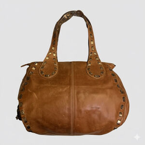 GUIA’S Made in Italy Genuine Leather Hobo Shoulder Bag Purse Studded Trim Tan